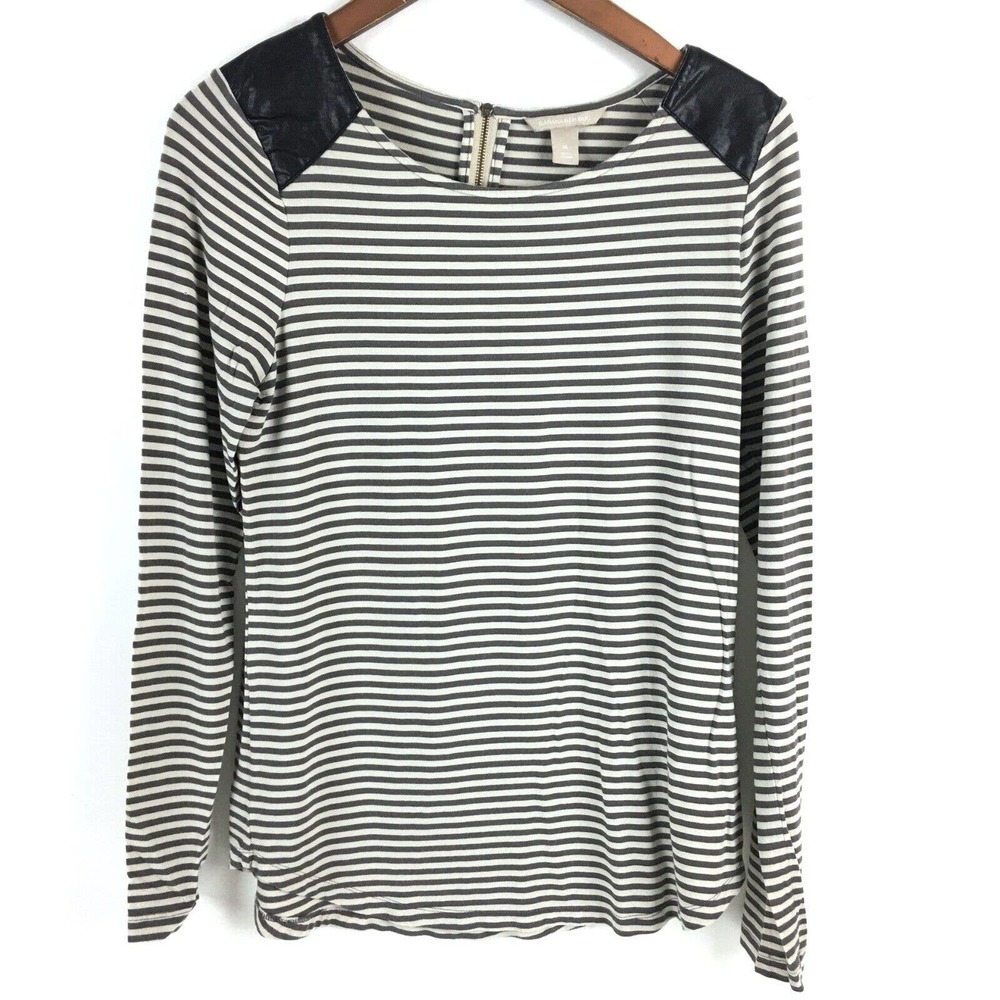 Banana Republic Top Womens Medium Black Striped Faux Leather Details Zipper Back
